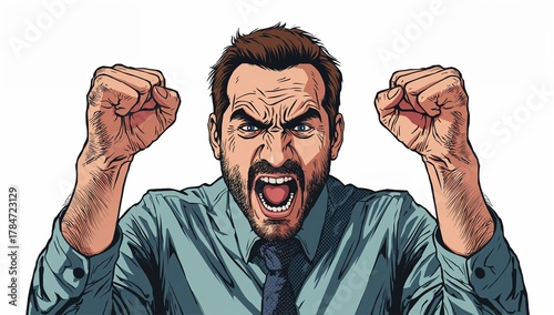 Furious businessman screaming with fists raised in anger, showcasing intense frustration and workplace stress, perfect for editorial use