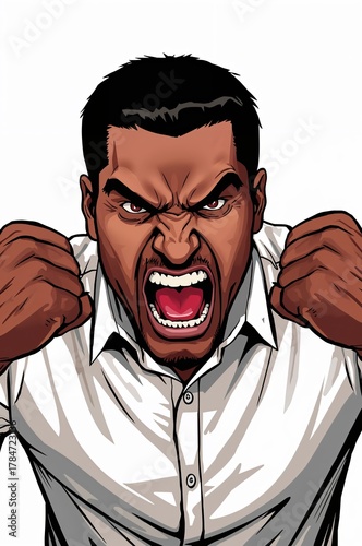 Furious man shouting aggressively with clenched fists wearing a white shirt expressing deep anger and frustration in comic style art