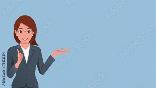 Animated businesswoman pointing upwards while presenting a concept on blue background ideal for presentations and marketing materials