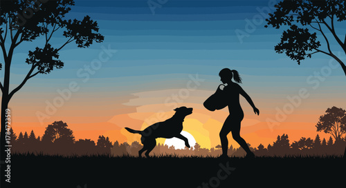 Silhouette of person playing with dog at sunset in nature, joyful pet interaction, outdoor bonding moment, forest background scene