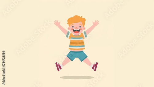 Joyful kid leaping with arms outstretched, radiating pure happiness and carefree fun, perfect for family, childhood, or education projects