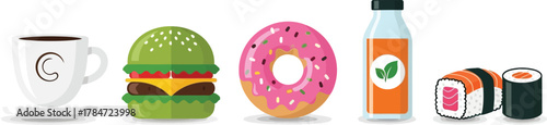 Set of delicious food and drink icons including coffee, burger, donut, juice bottle, and sushi rolls