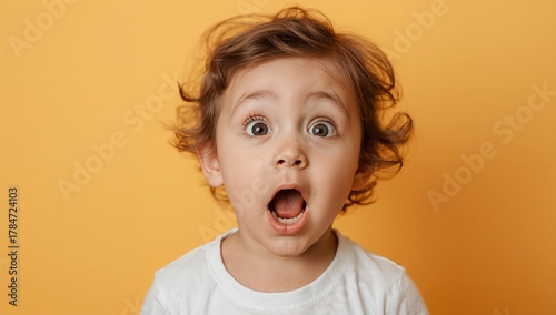 Astonished toddler's wide eyes and open mouth express pure shock and wonder against a vibrant yellow backdrop