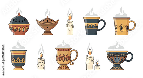 Collection of decorative incense burners, candles, and mugs with whipped cream.