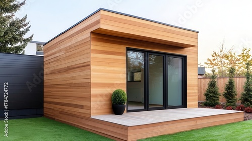 Elegant guest house exterior with light oak wood, minimalist horizontal lines, and glass doors opening to a deck