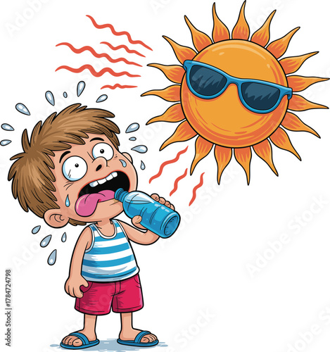 Cartoon child, hot weather, sweating kid, drinking water, summer heat, sun character, hydration scene, heatwave illustration, outdoor distress, sunny day