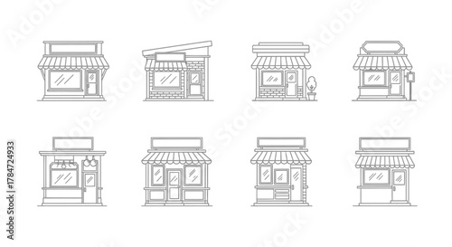 Collection of detailed line art illustrations of various shopfronts and storefronts for design.