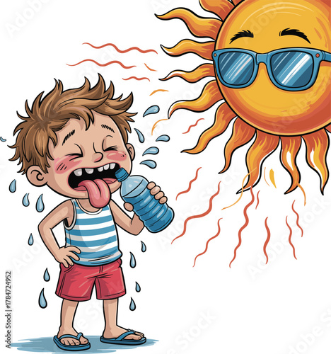 Cartoon child in heat, drinking water, summer safety, hydration concept, hot sun illustration, sweating kid, educational art, playful design, white background