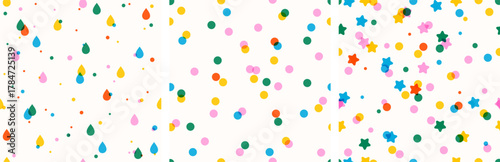 Simple sprinkle seamless pattern collection. Bright color confetti, rain, stars on white background. Vector Illustration for holiday, party, birthday, invitation