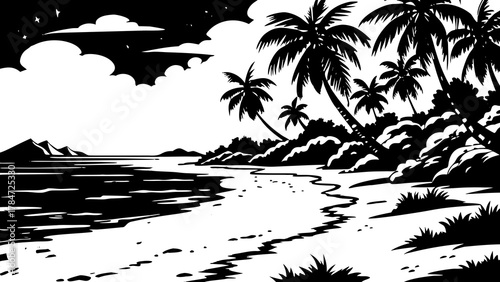 Very beautiful serene anime-style sandy beach with crystal-clear turquoise waters, soft waves, bright sky, gentle sunlight, and a relaxing tropical paradise atmosphere perfect for calm moments or 