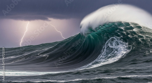 Fototapeta Naklejka Na Ścianę i Meble -  Massive ocean wave curling under a stormy sky with dramatic lightning bolts
