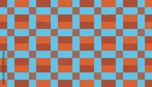 Seamless geometric checkered pattern with alternating orange and blue squares. The minimalist grid design combines warm and cool tones, creating a modern yet retro visual balance
