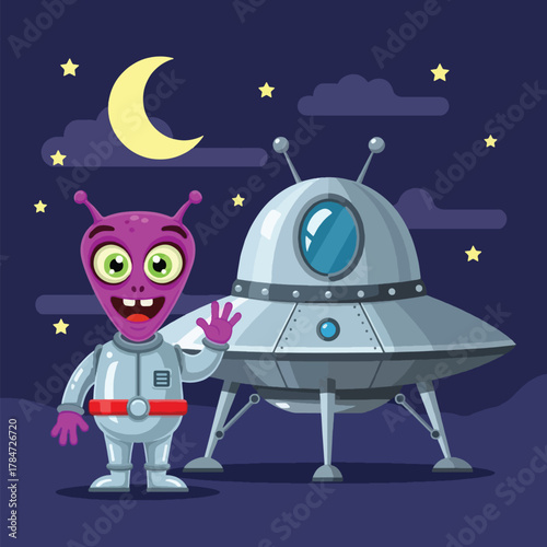 A friendly purple alien in a spacesuit waves hello next to a classic silver flying saucer under a starry night sky with a crescent moon.