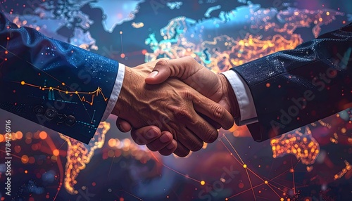 Two men's hands shake in front of a colorful world map pattern with orange glowing areas and dark blue connecting lines