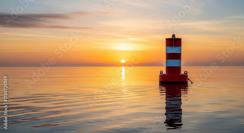 Fototapeta Naklejka Na Ścianę i Meble -  A red and white buoy floats in the sea during a vibrant sunset scene