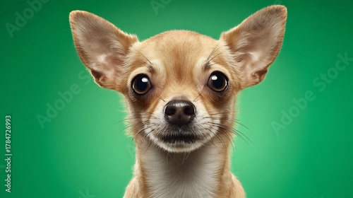A close up of a chihuahua with big ears and eyes against a green background looking at the camera