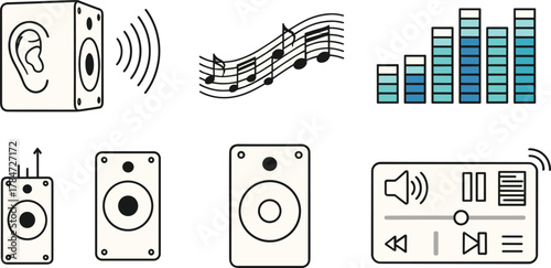 Music sound system icon set with equalizer, speaker, note and volume control for multimedia interface, cad drawing flat vector illustration