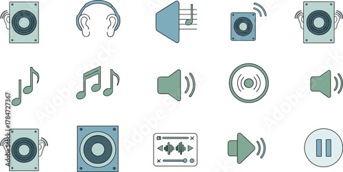 Audio sound music icon set, speaker headphone volume and note symbols for multimedia design and web interface, cad drawing flat vector illustration