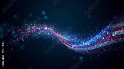 Patriotic American Flag Wave with Sparkling Glitter and Festive Bokeh Lights on Dark Background