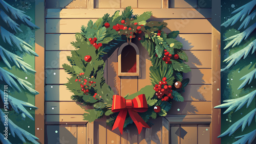 Christmas Wreath Hanging on Wooden Door