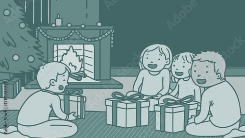 Children Opening Gifts on Christmas Morning