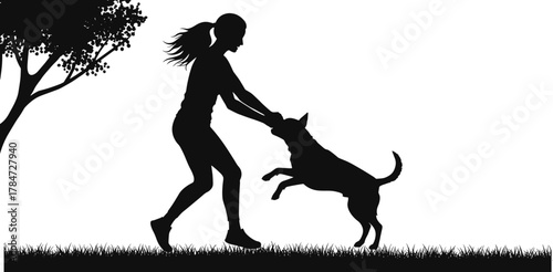 Silhouette of Woman Playing with Dog Outdoors on Grass Near Tree, Pet Bonding Moment in Nature, Vector Illustration for Stock