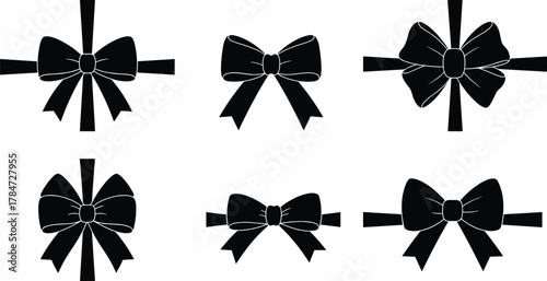 Gift ribbon bow collection, elegant decoration set, present wrap design, festive bow silhouette, luxury ornament clipart, CAD drawing flat vector illustration