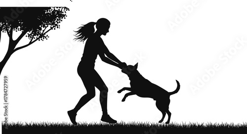 Silhouette of Woman Playing with Dog Outdoors Under Tree on Grass, Pet Bonding Moment in Nature, Vector Illustration Art