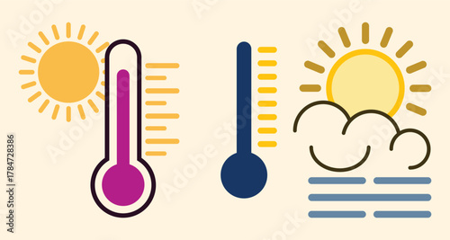 Minimalist illustration of hot and cool weather contrast with thermometers, sun, clouds, fog, and symbolic temperature indicators