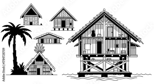 Collection of Tropical Huts and Palm Tree Illustration.