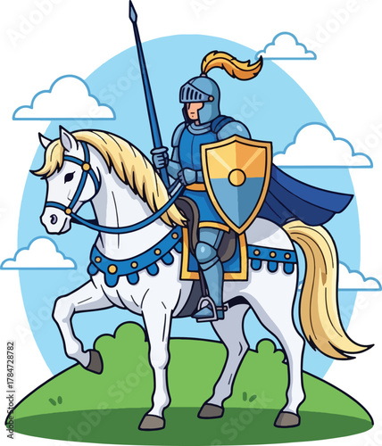 Illustration of a knight in blue armor riding a white horse with a shield and spear.