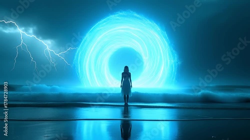 Mysterious Blue Portal Swirling on a Stormy Beach with Lightning and Silhouetted Woman