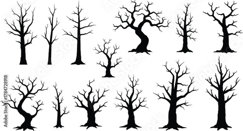 Dead tree silhouette collection, leafless forest design, dry nature branch shapes, spooky woodland illustration, CAD drawing flat vector illustration