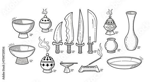 Collection of various ancient ceremonial objects and weapons in monochrome style.