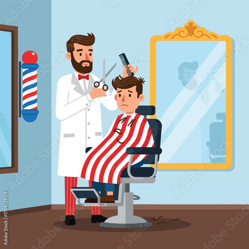 A nervous young man sits in a barber's chair while a barber cuts his hair with scissors and a comb.