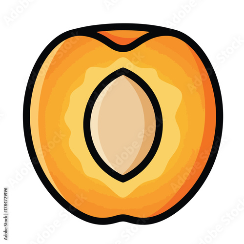 a minimalist modern vector icon of a nectarine half, using glowing orange, golden yellow, and pale beige hues, isolated on a solid white background.