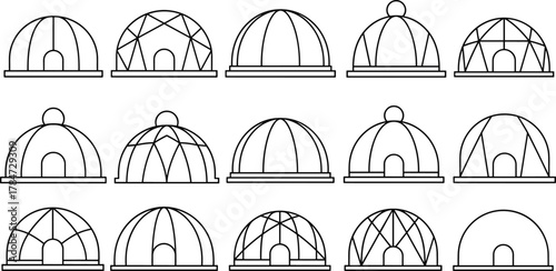 Geodesic dome architecture designs, igloo dome sketches, modern structure concepts, geometric building illustration, architectural pattern drawing, CAD drawing flat vector illustration