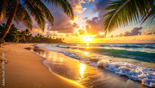 Fototapeta Naklejka Na Ścianę i Meble -  Tropical beach at sunset, waves washing ashore, framed by palm trees, golden light reflecting on the wet sand