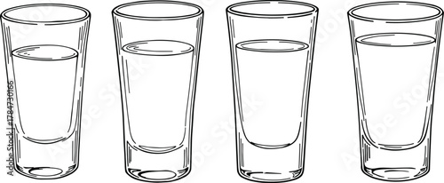 Set of empty and filled water glasses, realistic outline sketch, clean minimalist style line artwork, CAD drawing flat vector illustration