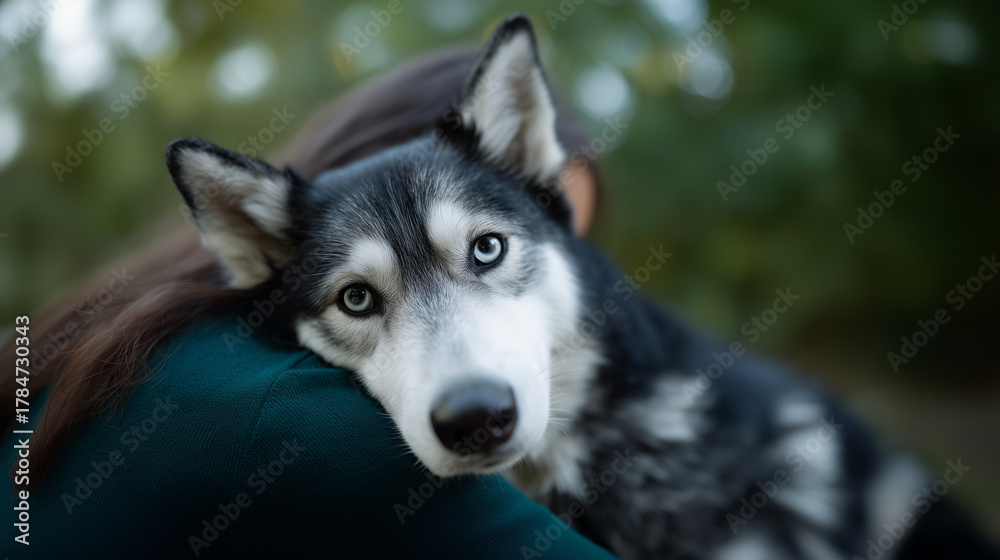 Obraz premium Emotional portrait of a Siberian Husky looking up at its owner with bright blue eyes, showing loyalty and affection. The dogâs black and white fur contrasts with the personâs dark
