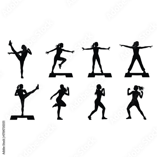 Aerobic silhouettes collection of women doing step aerobics exercises for fitness and health