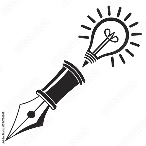 Fountain pen creating a bright idea light bulb