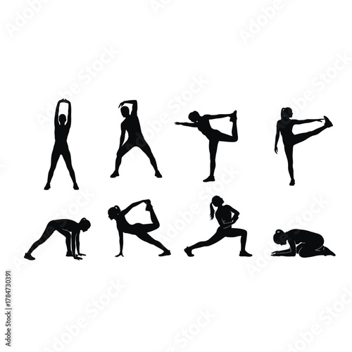 Silhouette of a woman performing various yoga poses yoga and fitness concept for health