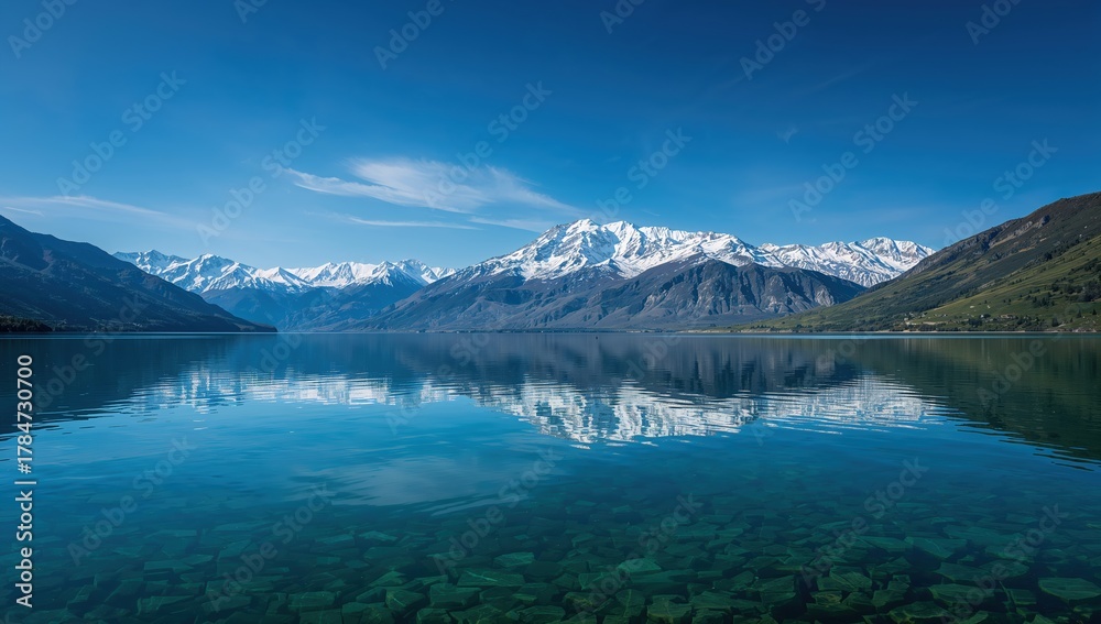 Fototapeta premium Crystal clear lake reflects majestic snow-capped mountains under a vibrant blue sky, offering a breathtaking natural panorama.