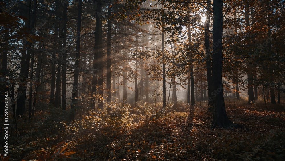 Obraz premium Golden sunbeams pierce through misty autumn forest canopy illuminating fallen leaves creating a serene and magical woodland atmosphere.