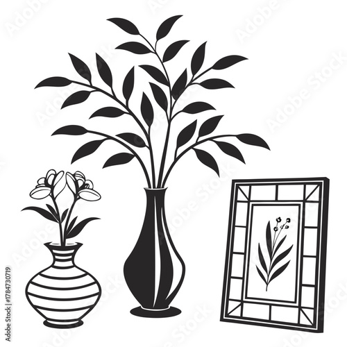 Still life illustration of flowers and branches in vases with a framed picture