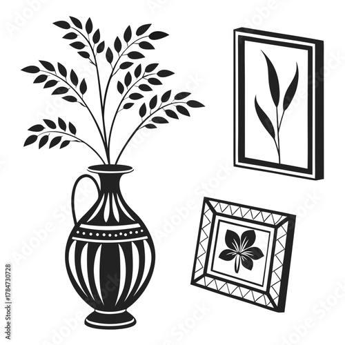 Black and white illustration of a vase with branches and framed artwork