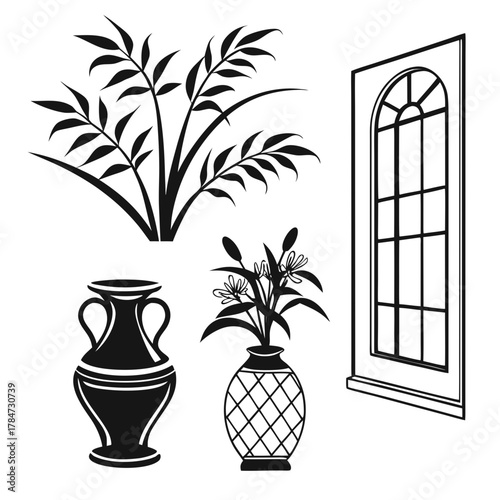 Black and white illustration of plants vases and window