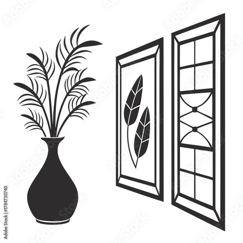 Minimalist black and white illustration of a vase with branches and framed art