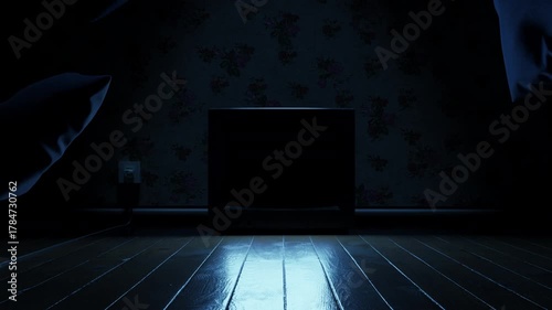Retro television with Alpha Channel screen on wooden floor at night, surrounded by flying pillows